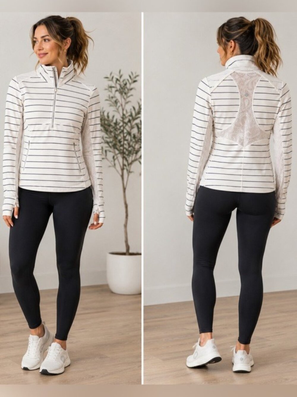 Lululemon Star Runner 1/2 Zip Pullover White Black Stripe Lace Women’s Size 6